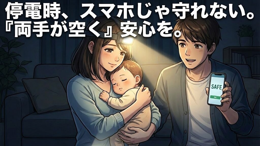 停電時は両手の空くヘッドランプを備えることの重要性を説目する漫画