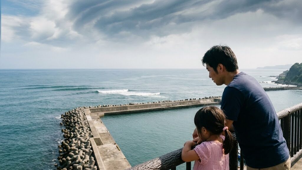 高台から海を見渡し津波避難を意識する日本人親子