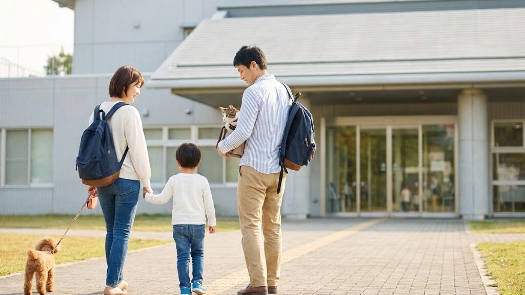 犬と猫を連れて避難所へ向かう家族
