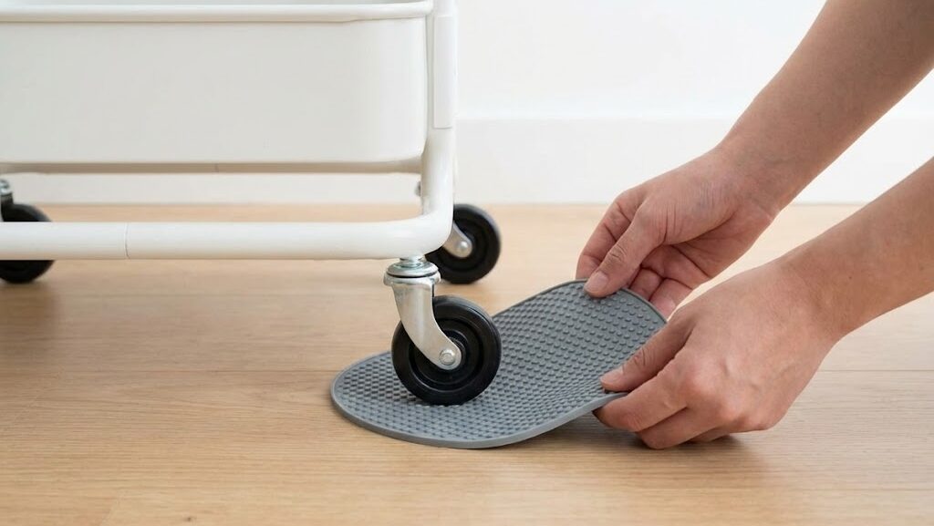 キャスター付き家具の下に滑り止めマットを敷く対策イメージ