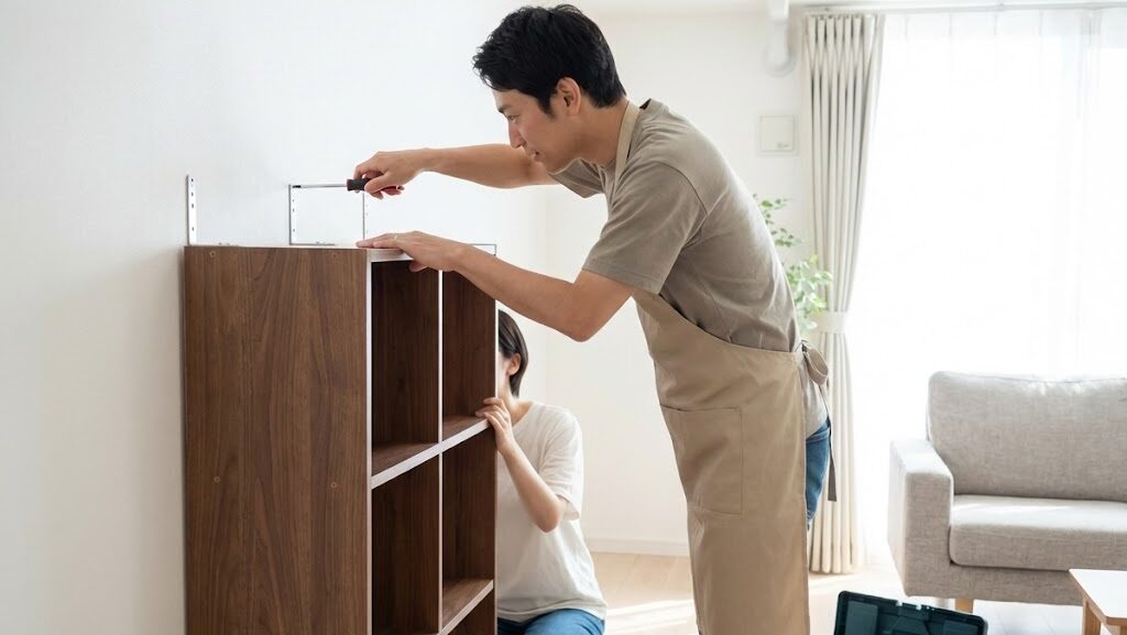 本棚を壁に固定している家具転倒防止対策の実写風イメージ