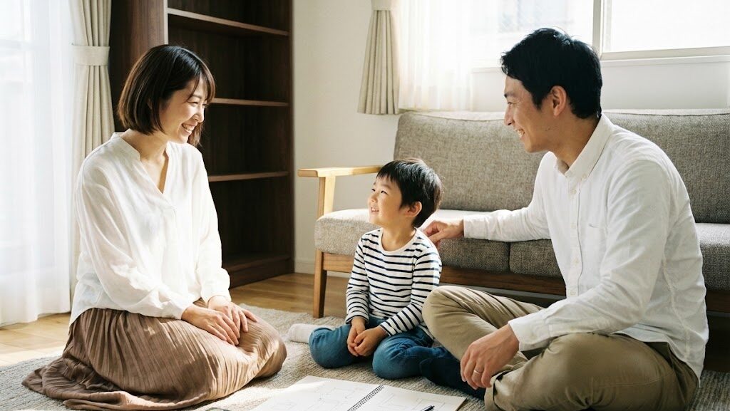 リビングで家族が地震対策を話し合う様子を表した実写風イメージ