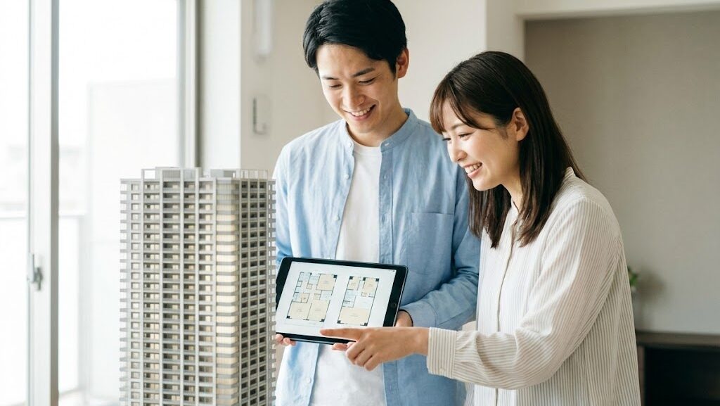 マンション模型を見ながら防災面を検討する夫婦のイメージ写真