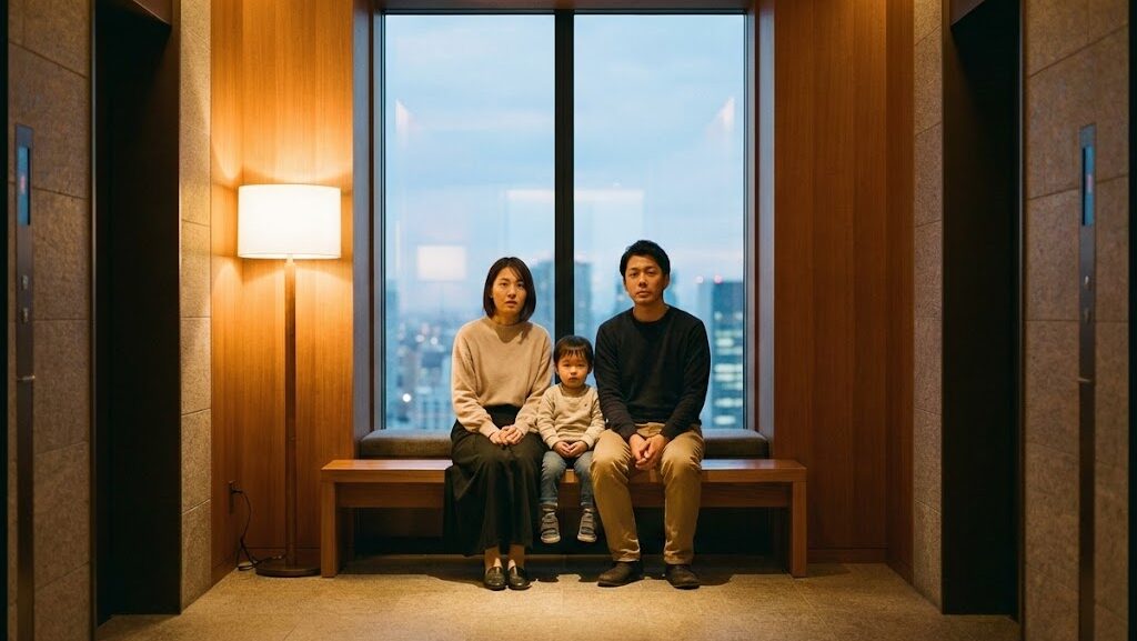 地震後にエレベーターホールで休む家族の様子を表した二次被害のイメージ