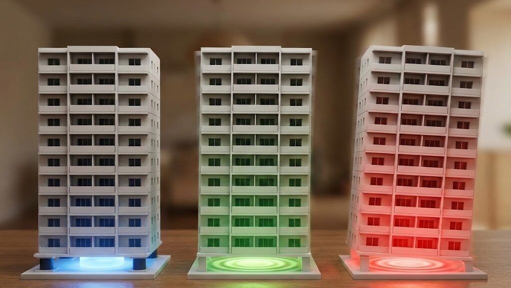 耐震構造と免震構造で揺れ方が異なる様子を比較したイメージ画像