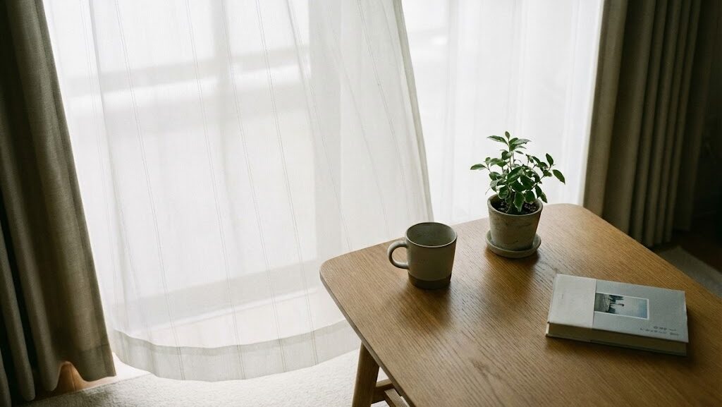 室内でカーテンや小物が揺れる様子を表した長周期地震動の被害イメージ