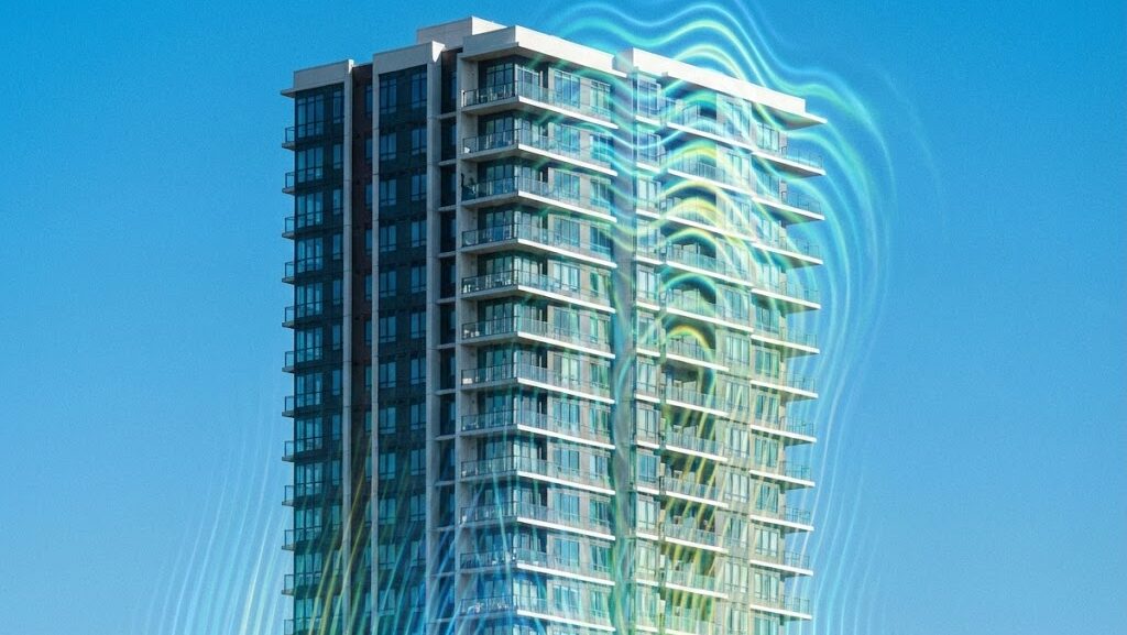 高層マンション上階ほど揺れが大きくなる共振現象をイメージした実写風ビジュアル