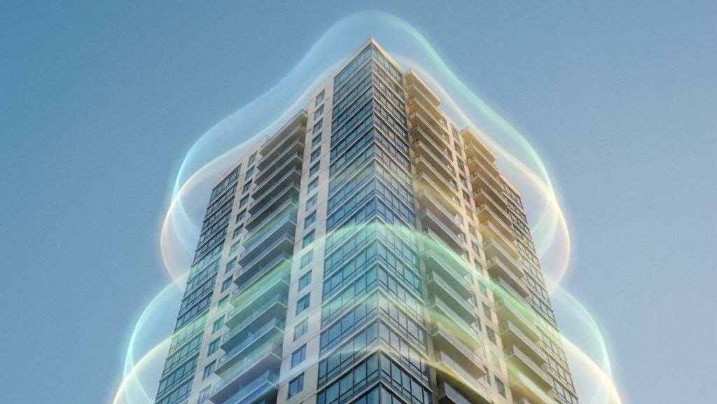 高層マンションの外観と長周期地震動のイメージを実写風で表現した防災対策の参考画像