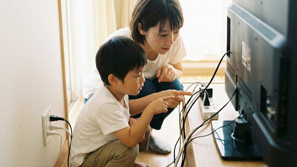 たこ足配線の状態を親子で確認する家庭のコンセント周り