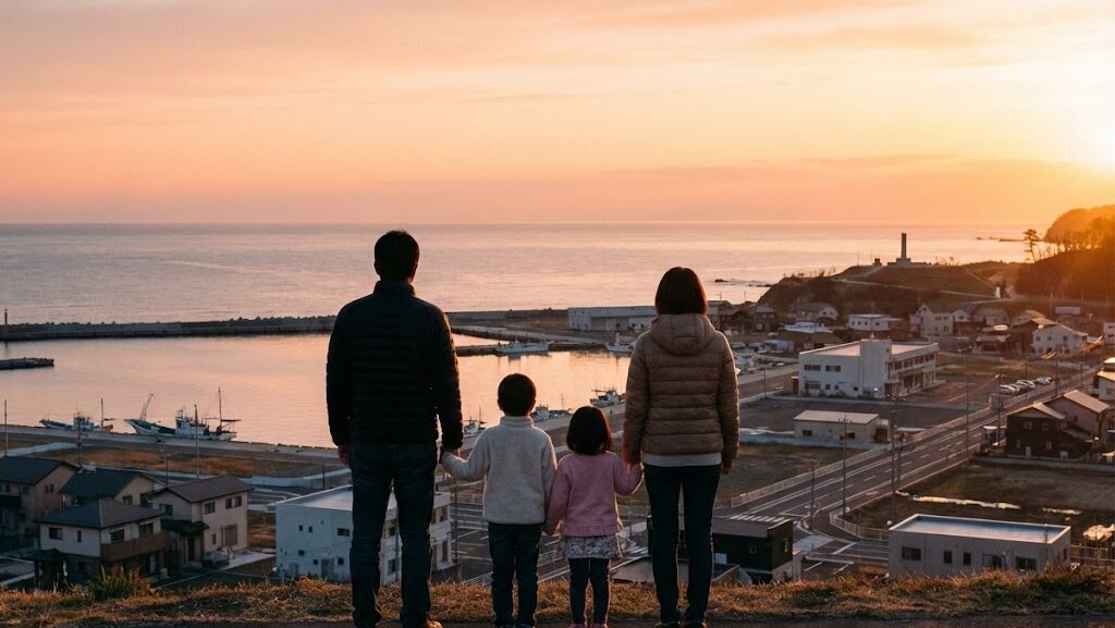 海を見下ろす高台から復興した街並みを見つめる家族の後ろ姿