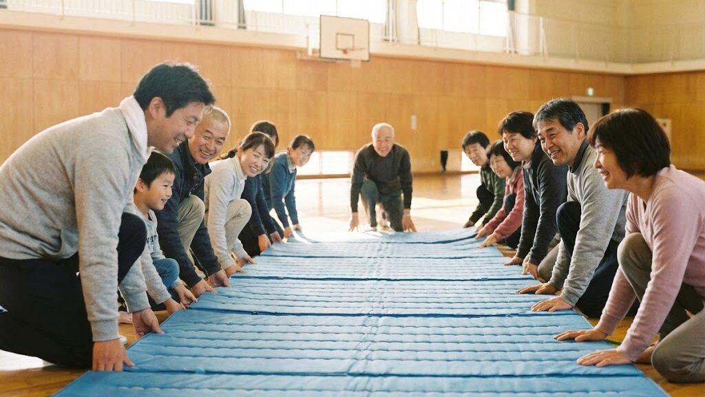 体育館のような施設で地域と連携して受け入れ準備をする様子