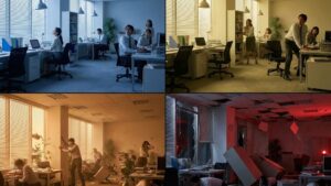 長周期地震動階級1から4までの高層ビル室内の様子を比較した4分割写真。左上（青色の照明）はわずかな揺れに気づく階級1、右上（黄色の照明）は揺れに警戒しデスクにつかまる階級2、左下（オレンジ色の照明）は家具が倒れ避難する階級3、右下（赤色の照明）はキャビネットが倒れるなど甚大な被害で床に這いつくばる階級4の状況を示す。