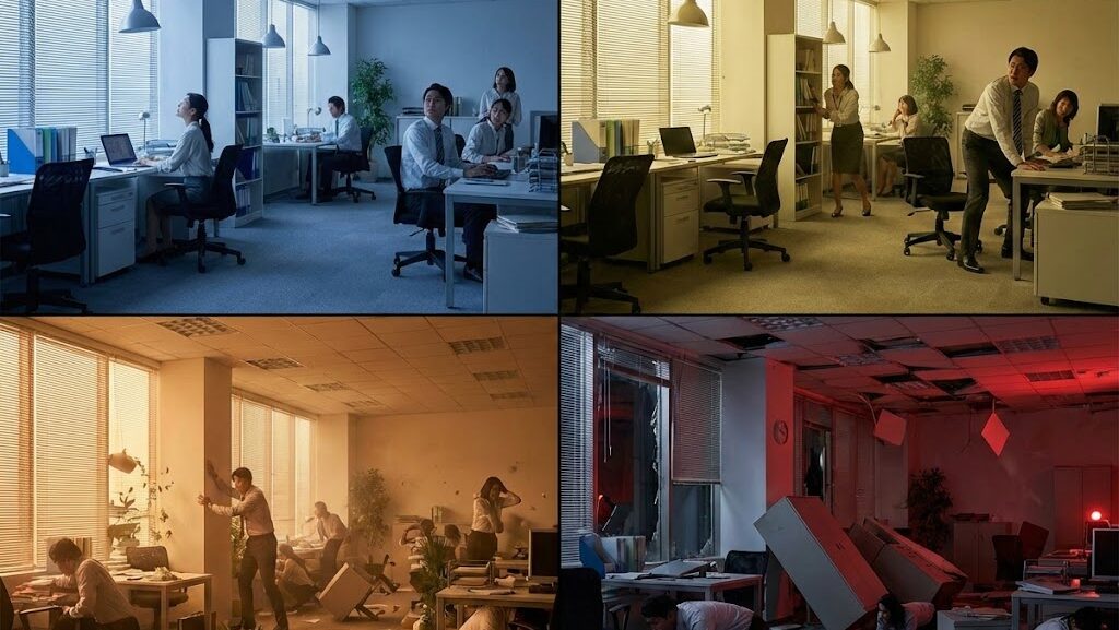 長周期地震動階級1から4までの高層ビル室内の様子を比較した4分割写真。左上（青色の照明）はわずかな揺れに気づく階級1、右上（黄色の照明）は揺れに警戒しデスクにつかまる階級2、左下（オレンジ色の照明）は家具が倒れ避難する階級3、右下（赤色の照明）はキャビネットが倒れるなど甚大な被害で床に這いつくばる階級4の状況を示す。