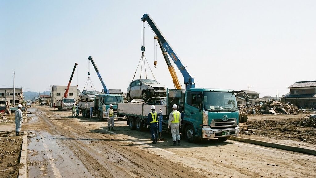 災害後の道路で車両を整理する復旧作業の様子