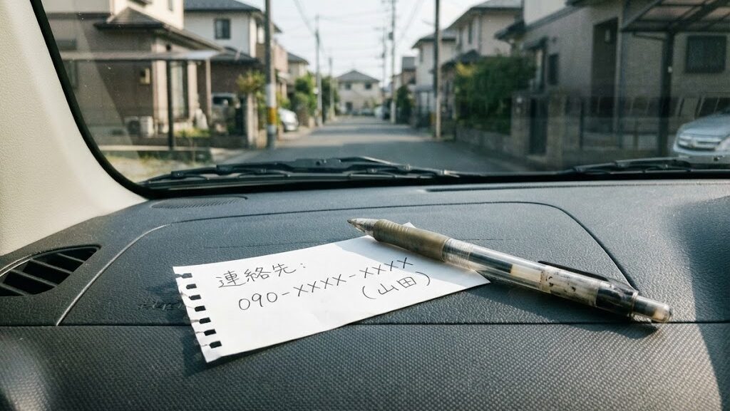 車のダッシュボードに置かれた連絡先メモとペン