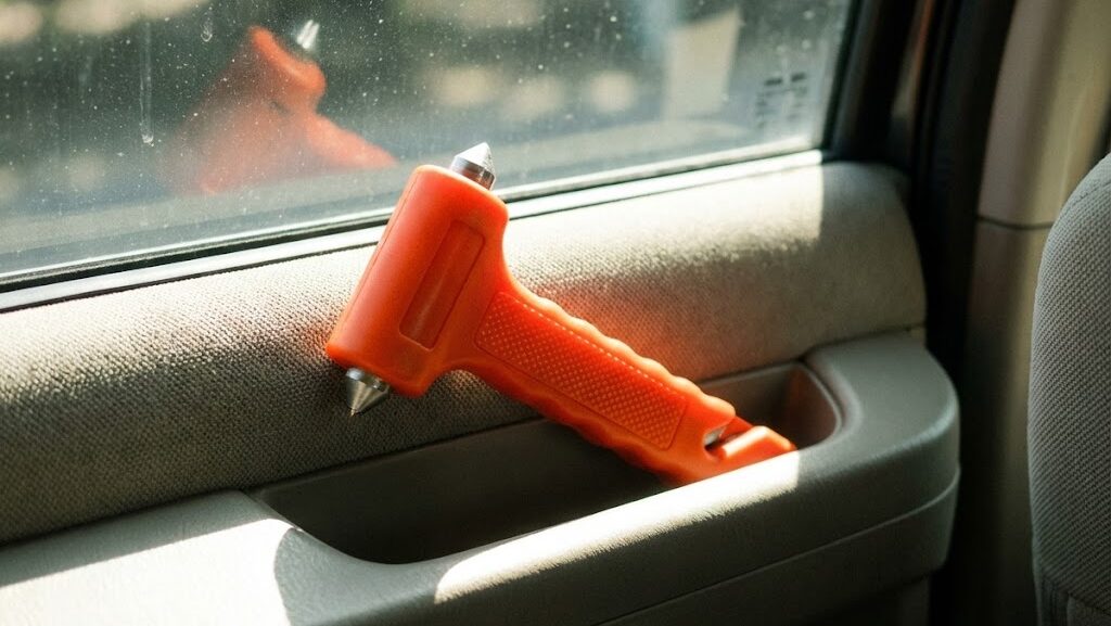 車内ドアポケットに収納された緊急脱出用ハンマーのクローズアップ