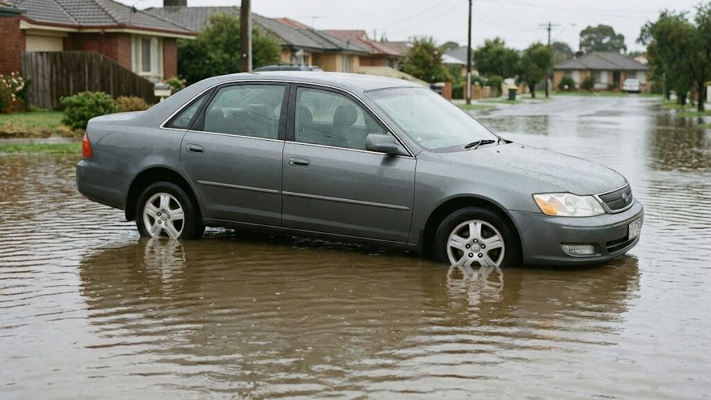 浅い冠水道路でタイヤの半分まで水に浸かった車の様子