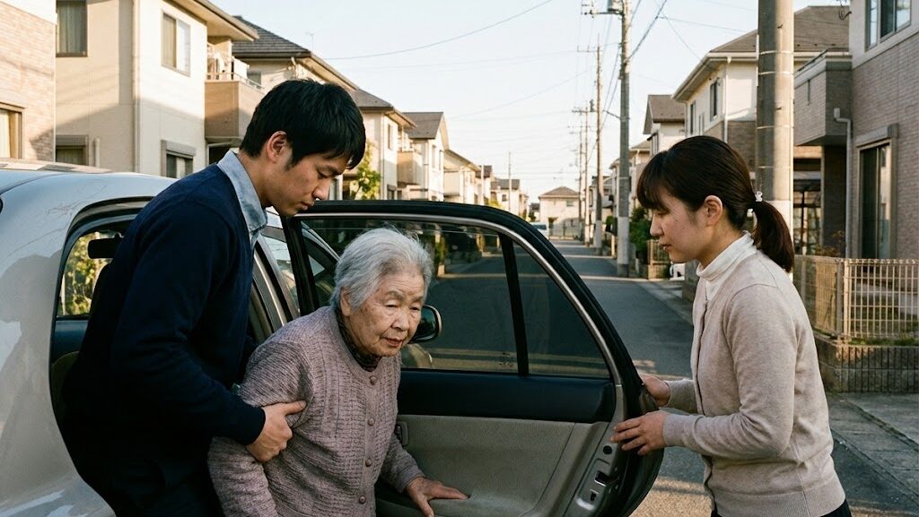 高齢者を車に乗せて避難準備をする家族の様子