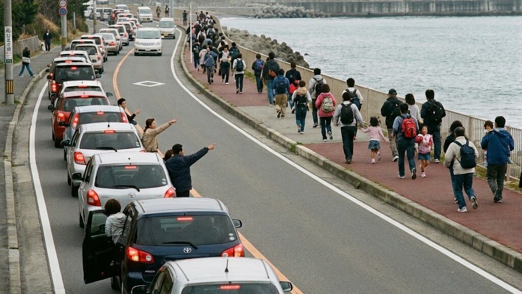 地震後に渋滞する海沿い道路と歩いて避難する人々の様子