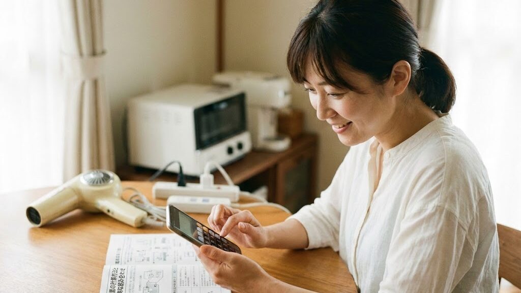 家電の消費電力を計算して確認する家庭の様子