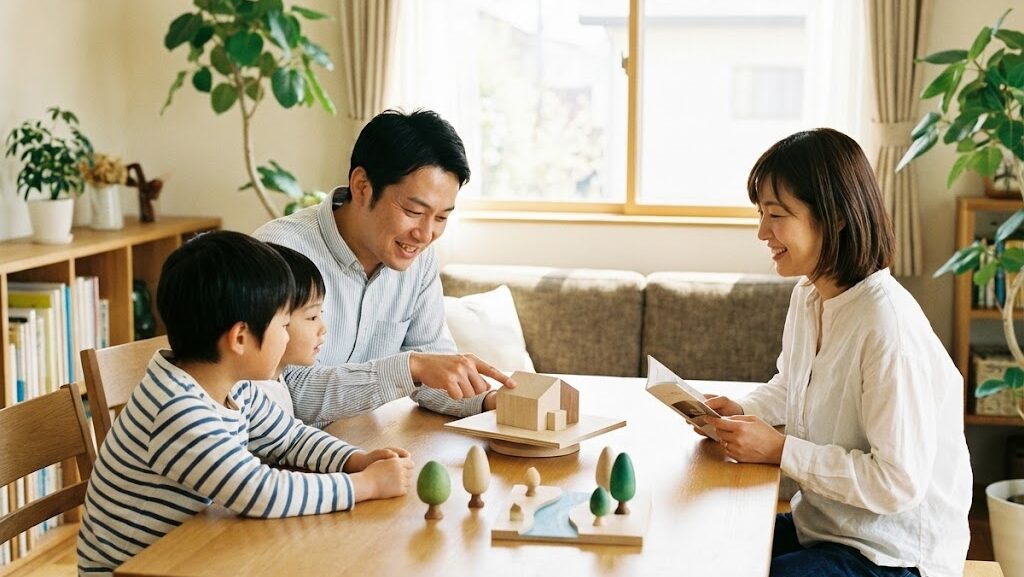 リビングで防災について話し合う日本人家族の団らん風景