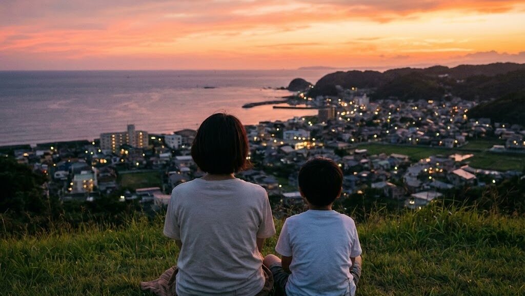 高台から海と街を見下ろす親子の後ろ姿