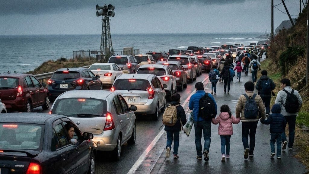 津波警報発令時に、海岸沿いの道路で発生した車の渋滞と、その横をリュックを背負い徒歩で高台へ避難する家族連れなどの人々。空は暗く、防災サイレンの塔が見える