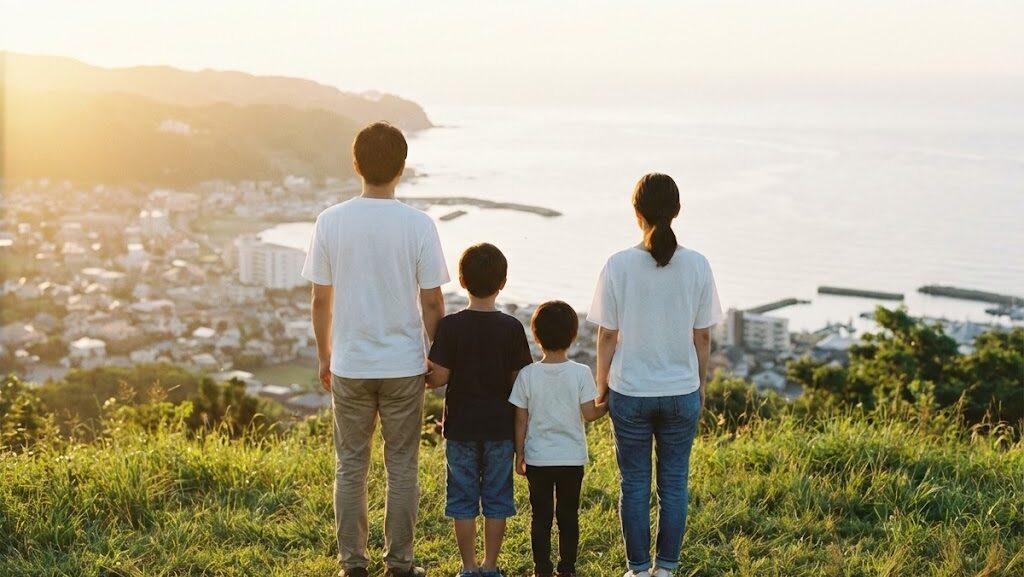高台から町を見下ろす家族の後ろ姿