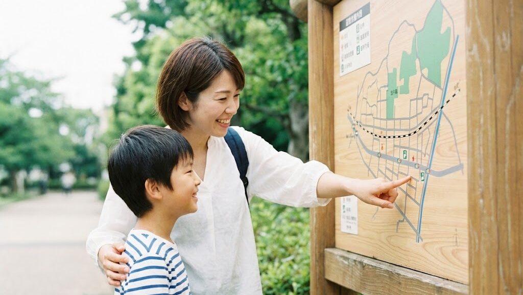 地図を見ながら避難場所を確認する親子