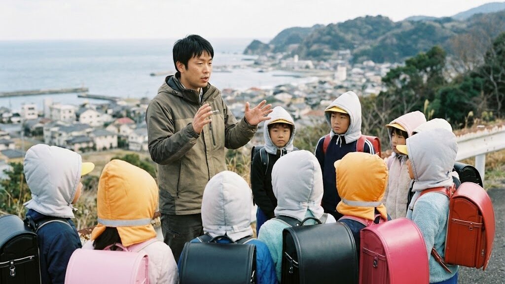 屋外で防災について説明を受ける子どもたち