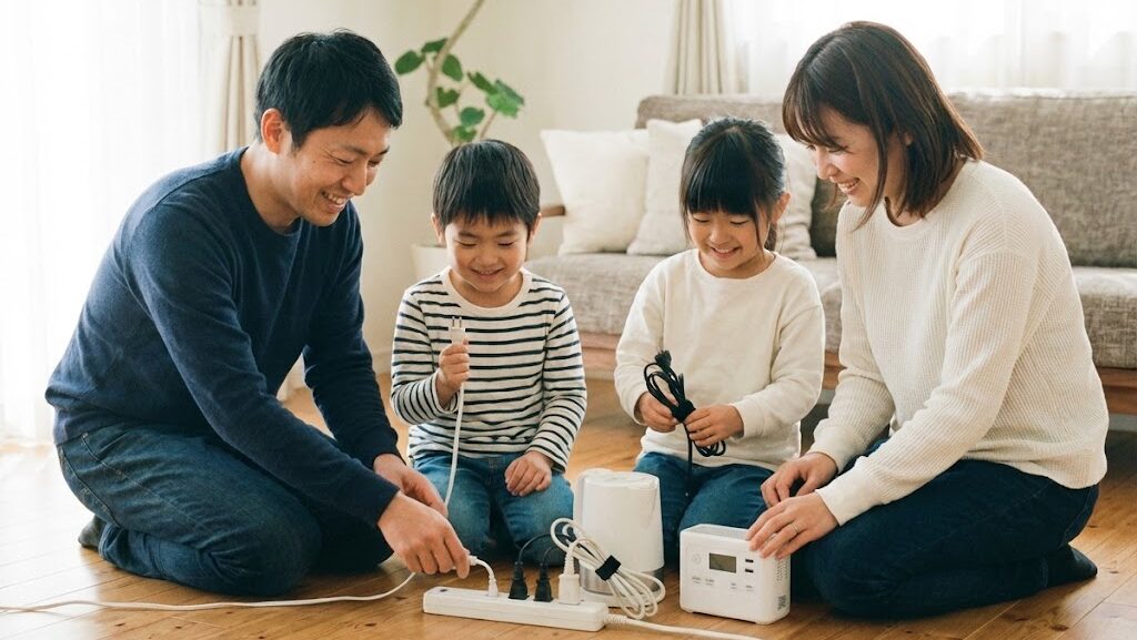 電源タップとコードを整理して安全対策する様子