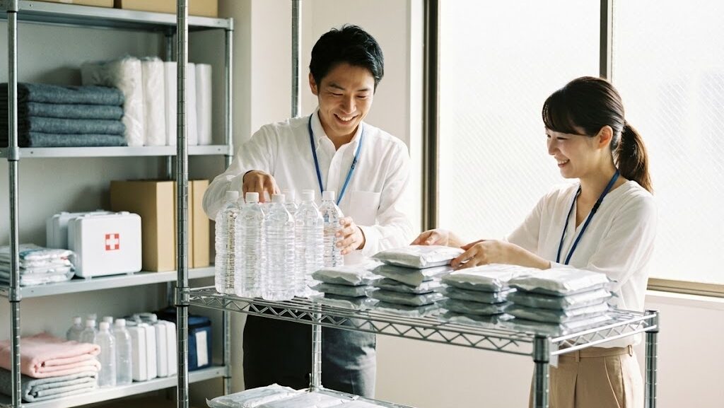 オフィスで防災備蓄品を整理する従業員の準備風景