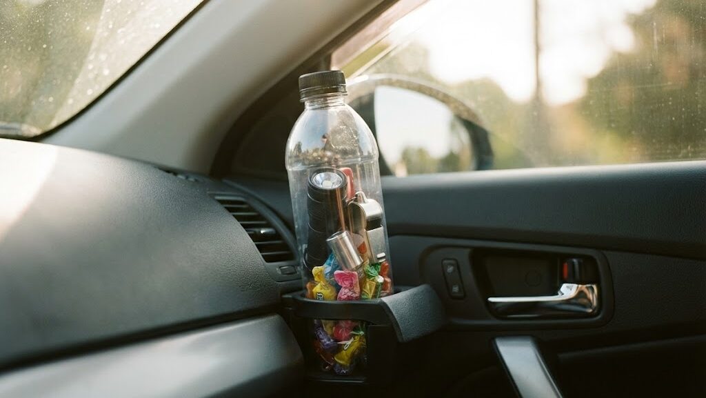 運転席周りに設置した防災ボトル|すぐ使える車内防災アイテム
