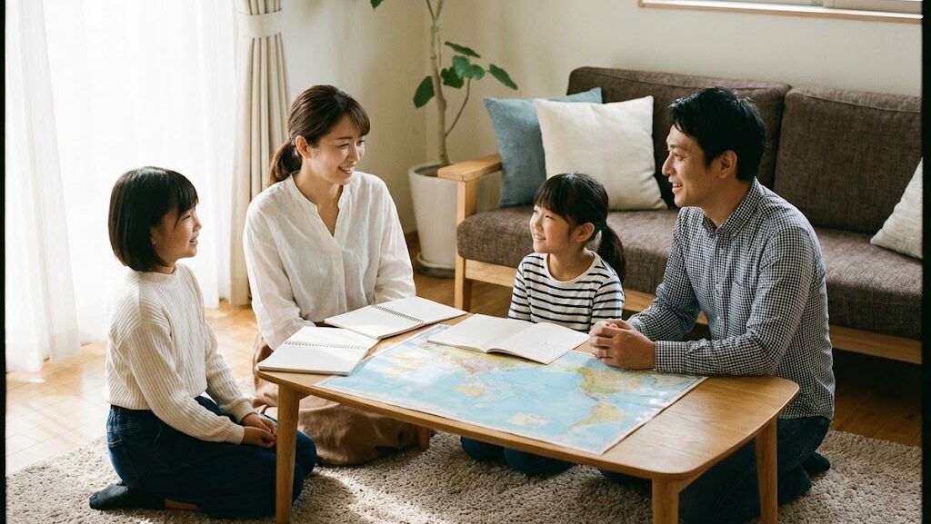 リビングで家族が防災について話し合う様子