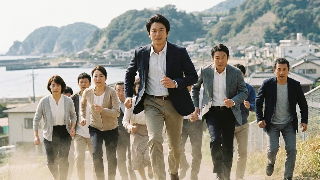 率先して高台へ避難する人とそれに続く人々の様子