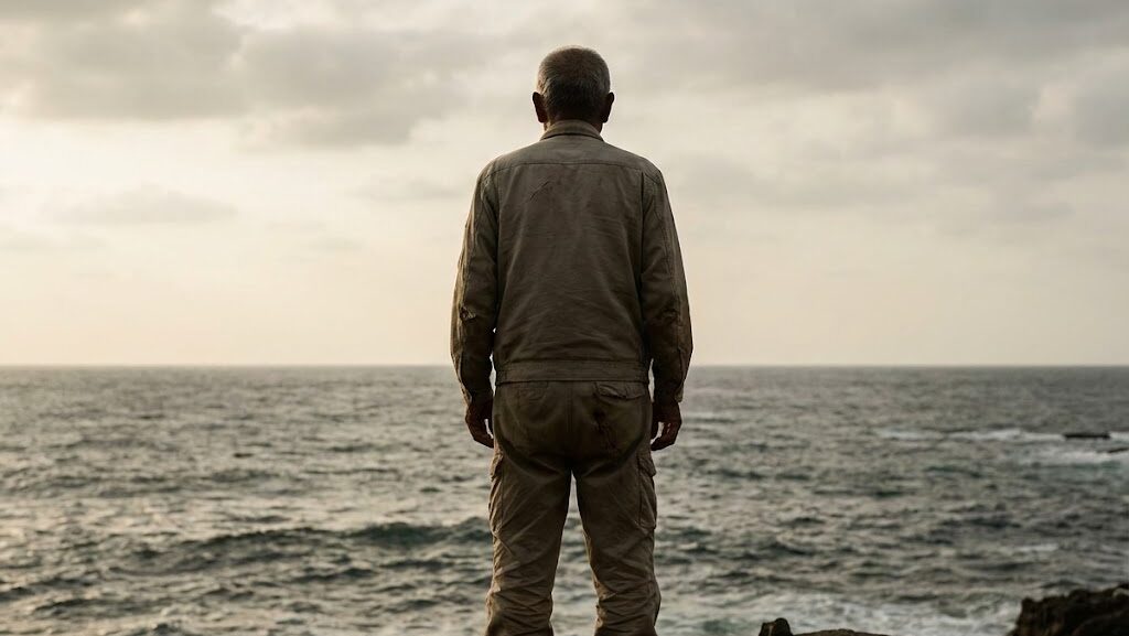 海を見つめながら津波の教訓を思う高齢男性の後ろ姿