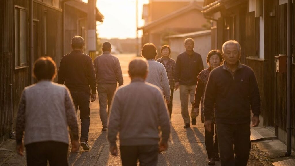 それぞれが別方向へ歩き出す人々が示す津波てんでんこの考え方