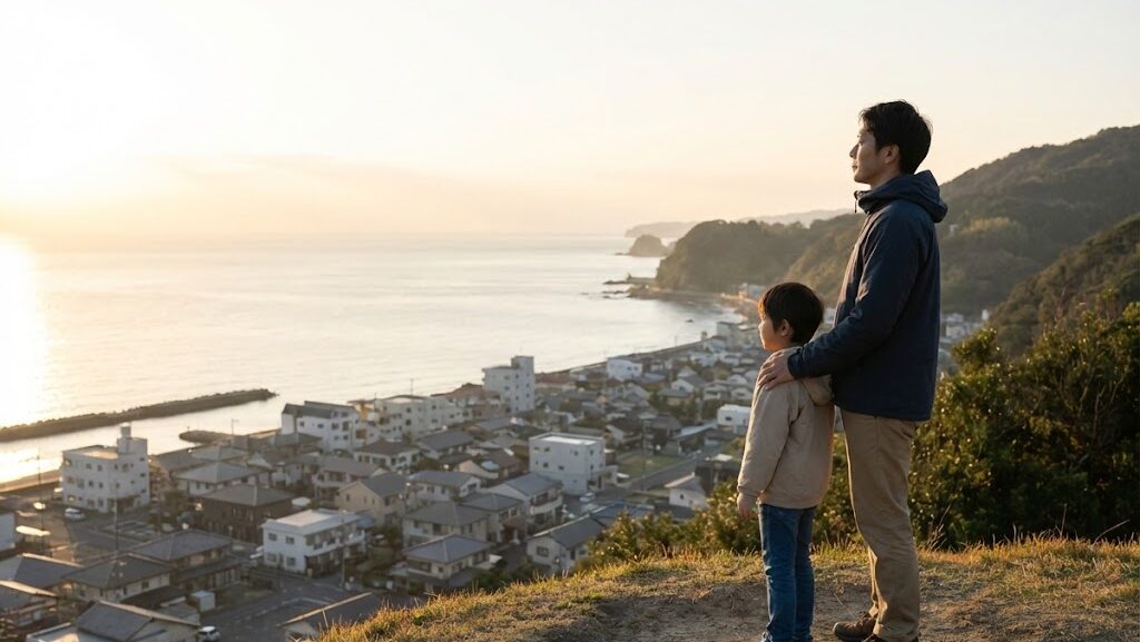 津波てんでんこの意味を考える親子が高台から海を見つめる様子