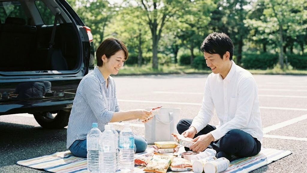 車の防災グッズを点検・入れ替えする様子|定期的な車載防災チェック