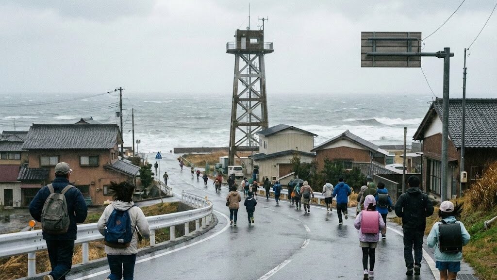 雨の中、荒れた海と津波避難タワーを背景に、高台へ続く坂道を走って避難する大人やランドセルを背負った子供たちの様子。「津波てんでんこ」を実践する避難行動の実写画像。