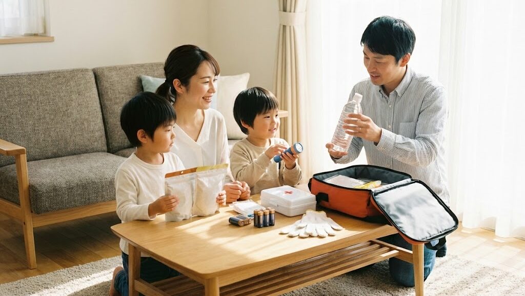 防災リュックの中身を家族で点検している様子