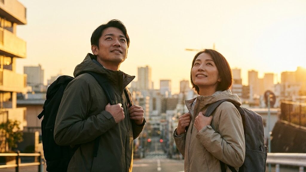 夕暮れの街で防災意識を持つ人々の前向きな姿