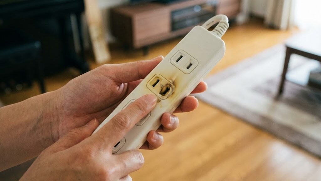 変色した電源タップを手に取り確認する場面