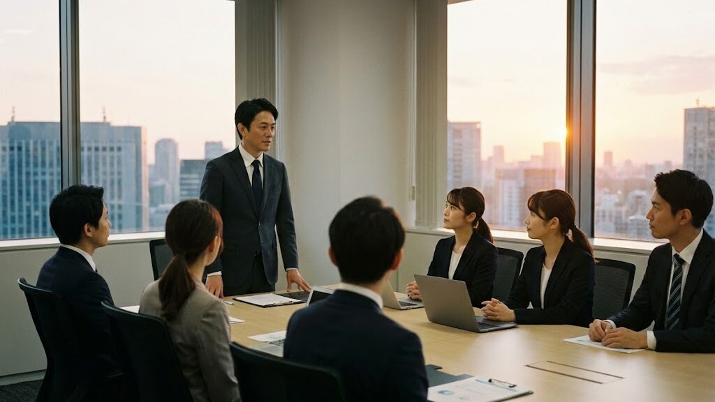 地震発生後に社員へ待機指示を出すオフィス内の様子