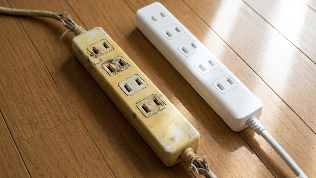 古い電源タップと新品を並べて比較する様子