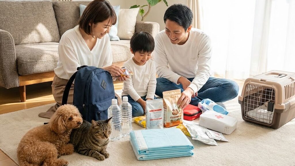 家族でペット防災グッズを確認する様子