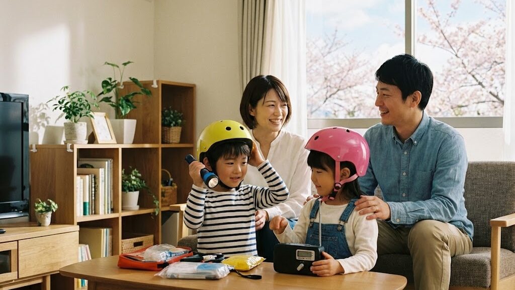 地震発生を想定してテーブルの下で身を守る日本人家族の訓練風景