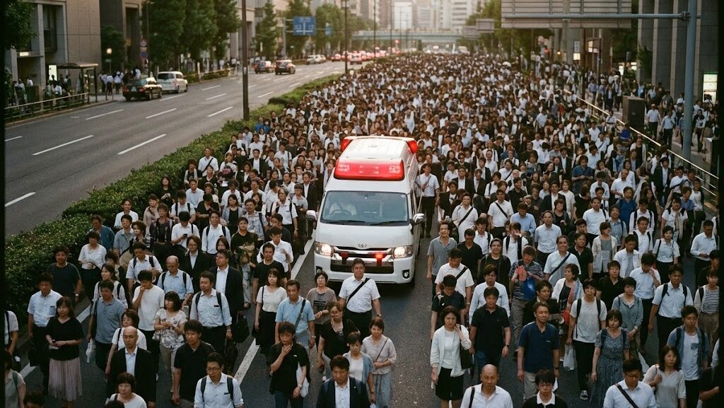 歩行者で混雑した道路と通行できない救急車の対比イメージ