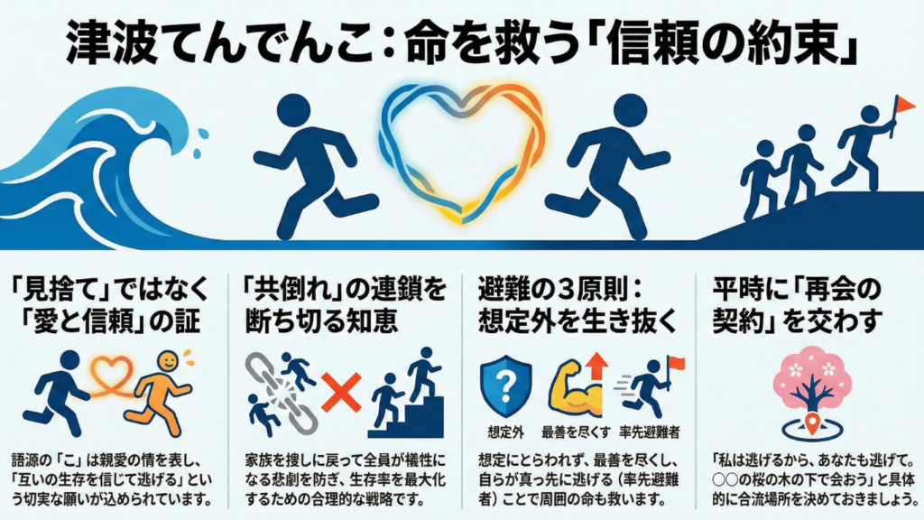 津波てんでんこの本当の意味や共倒れを防ぐ考え方、避難の3原則と家族の約束を図解した防災イラスト