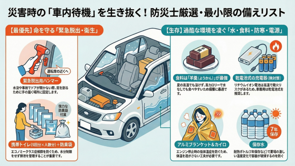 災害時の車内待機に必要な防災グッズ最小限リストの図解(非常用ハンマー・携帯トイレ・保存水・非常食・電源対策)